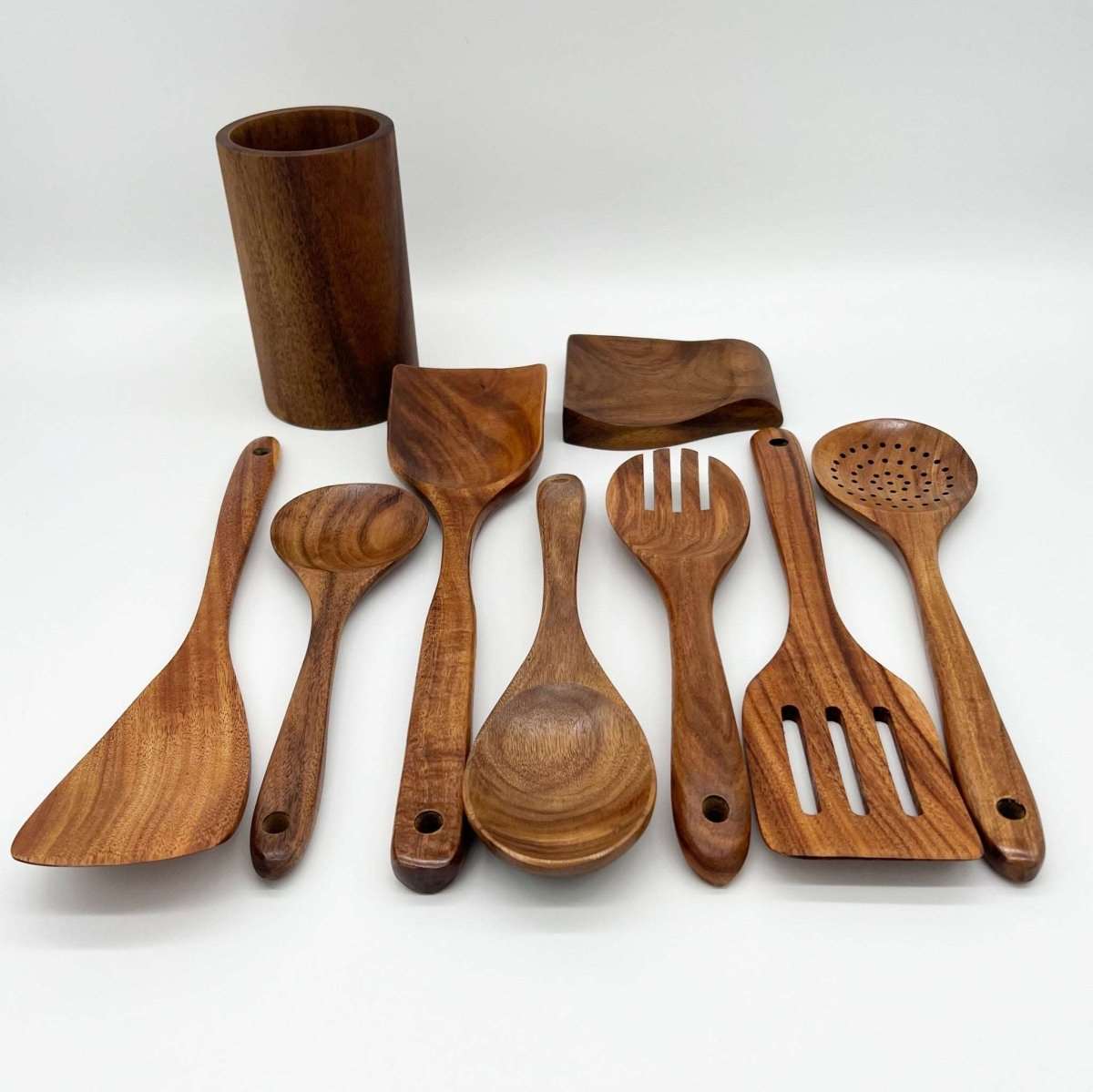 9 piece Natural Teak Wooden Utensil Set Deals Lab