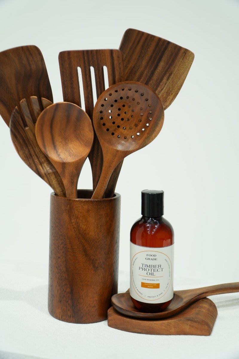 9 Piece Natural Teak Wooden Utensil Set PLUS Food Grade Revitalising Mineral Oil – Proudly Australian Made - FREE DELIVERY - .