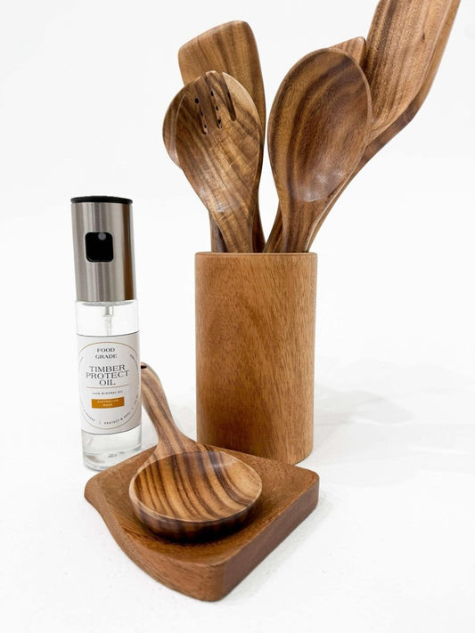 9 Piece Natural Teak Wooden Utensil Set PLUS Food Grade Revitalising Mineral Oil – Proudly Australian Made - FREE DELIVERY - .