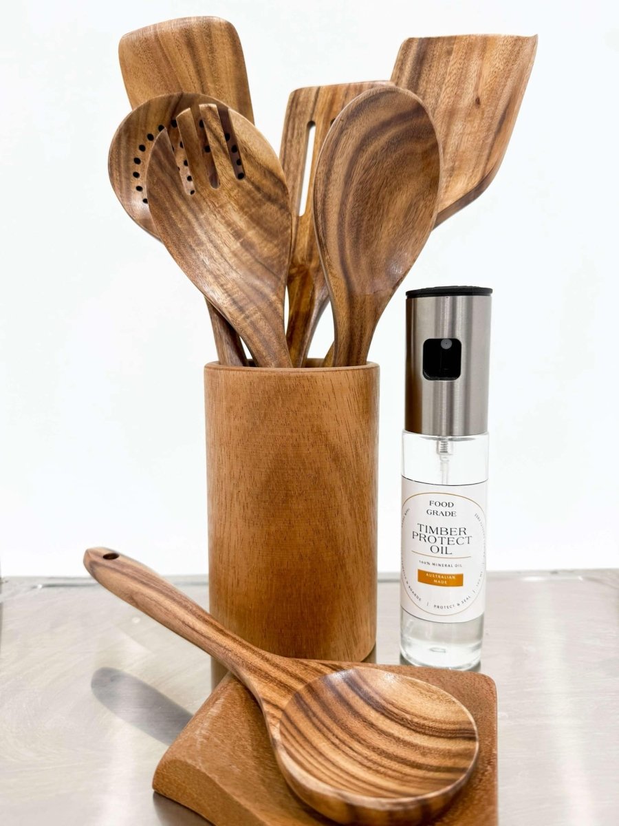 9 Piece Natural Teak Wooden Utensil Set PLUS Food Grade Revitalising Mineral Oil – Proudly Australian Made - FREE DELIVERY - .