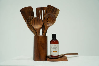 9 Piece Natural Teak Wooden Utensil Set PLUS Food Grade Revitalising Mineral Oil – Proudly Australian Made - FREE DELIVERY - .