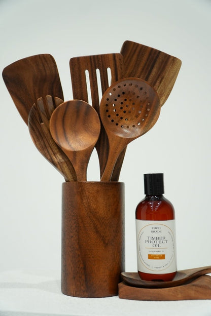 9 Piece Natural Teak Wooden Utensil Set PLUS Food Grade Revitalising Mineral Oil – Proudly Australian Made - FREE DELIVERY - .