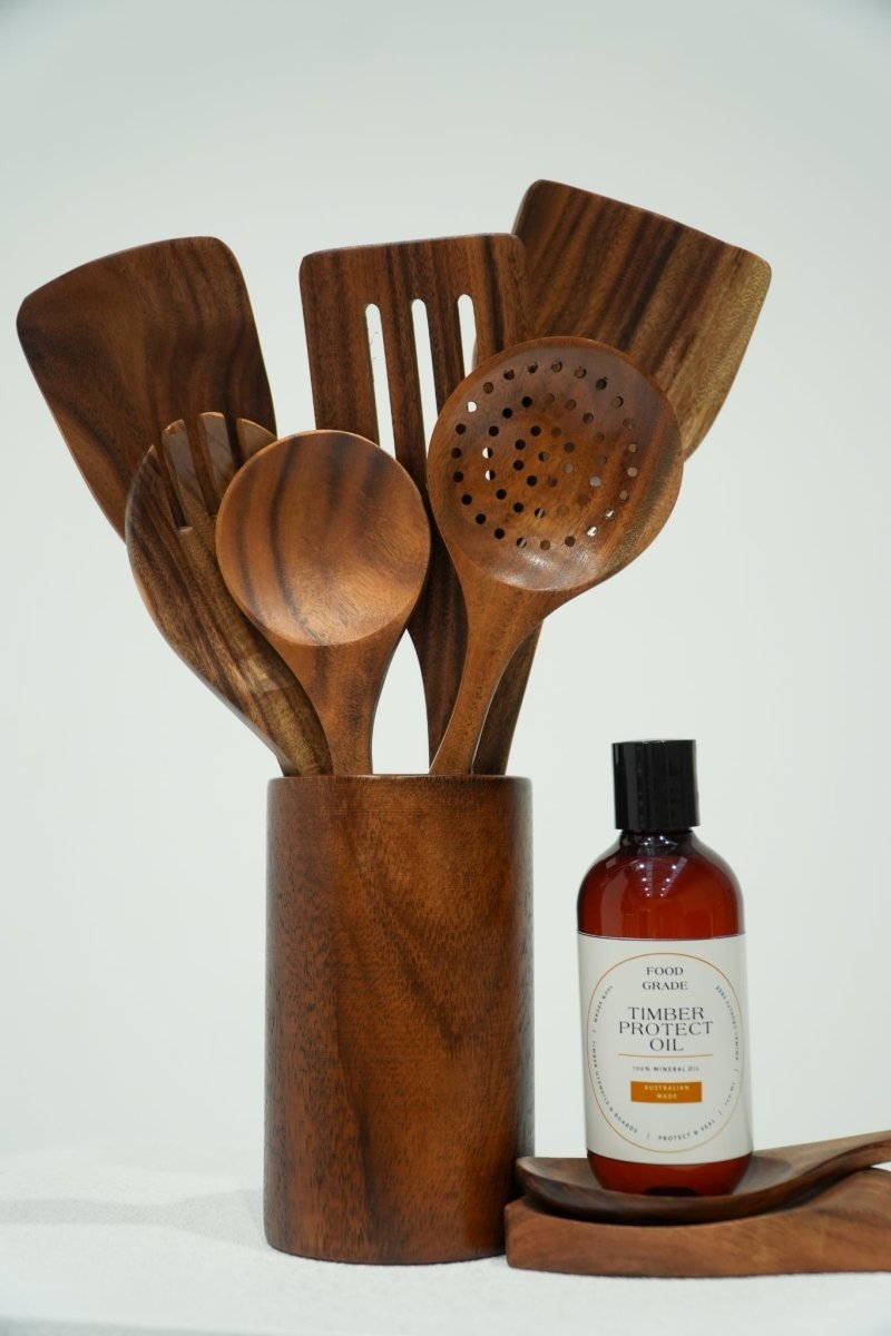 9 Piece Natural Teak Wooden Utensil Set PLUS Food Grade Revitalising Mineral Oil – Proudly Australian Made - FREE DELIVERY - .