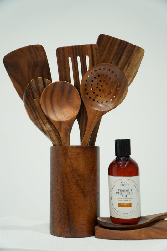 9 Piece Natural Teak Wooden Utensil Set PLUS Food Grade Revitalising Mineral Oil – Proudly Australian Made - FREE DELIVERY - .