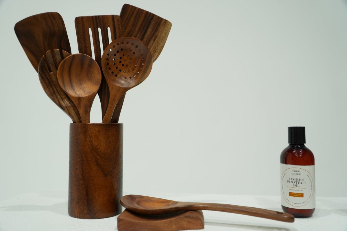 9 Piece Natural Teak Wooden Utensil Set PLUS Food Grade Revitalising Mineral Oil – Proudly Australian Made - FREE DELIVERY - .